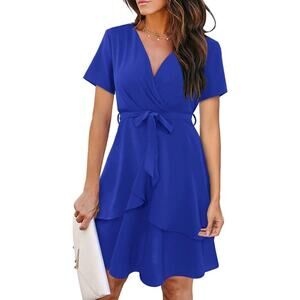 Faux Wrap Women's Short Sleeve Tie Waist Dress Boho Party Size XL Blue NWOT